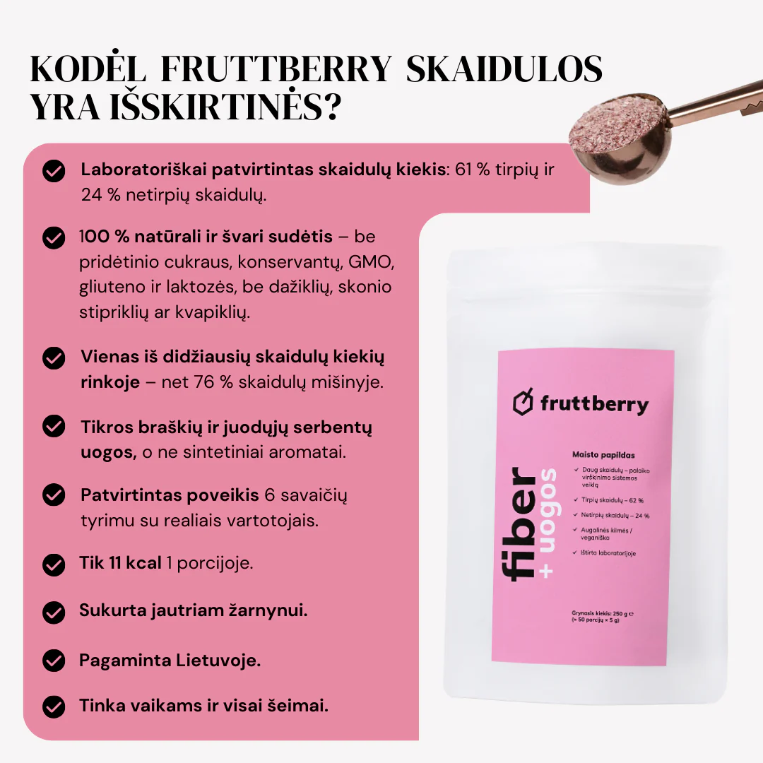 Maisto papildas fruttberry +fiber skaidulų mišinys su uogomis, 250 g