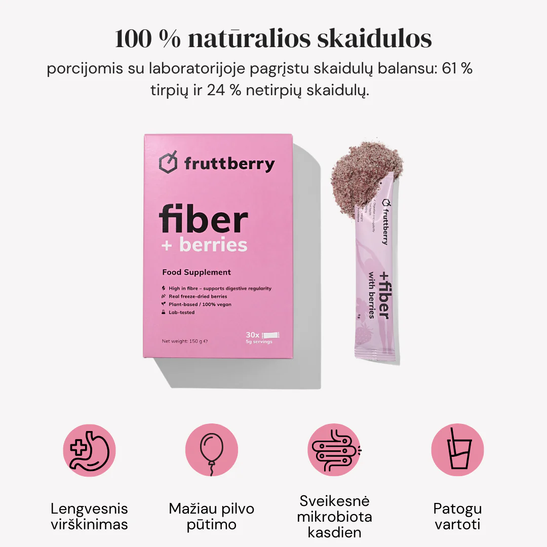 Maisto papildas fruttberry +fiber skaidulų mišinys su uogomis – 30 vnt porcijų