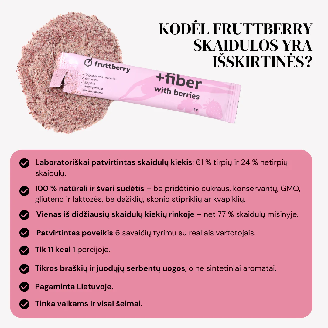 Maisto papildas fruttberry +fiber skaidulų mišinys su uogomis – 30 vnt porcijų