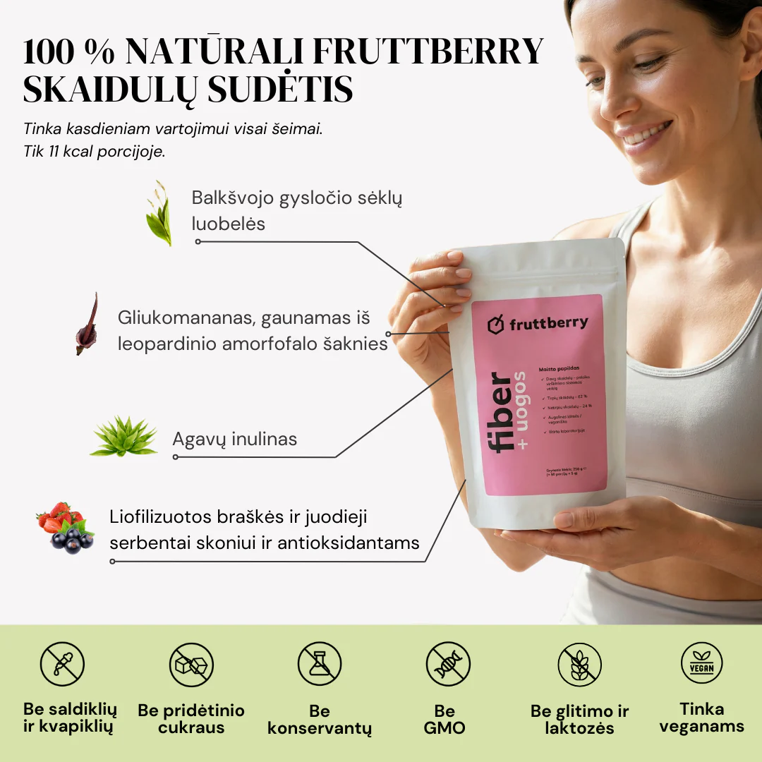 Maisto papildas fruttberry +fiber skaidulų mišinys su uogomis, 250 g