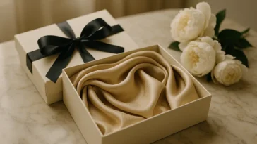 Luxury silk scarf in an elegant gift box on marble — the perfect gift for women