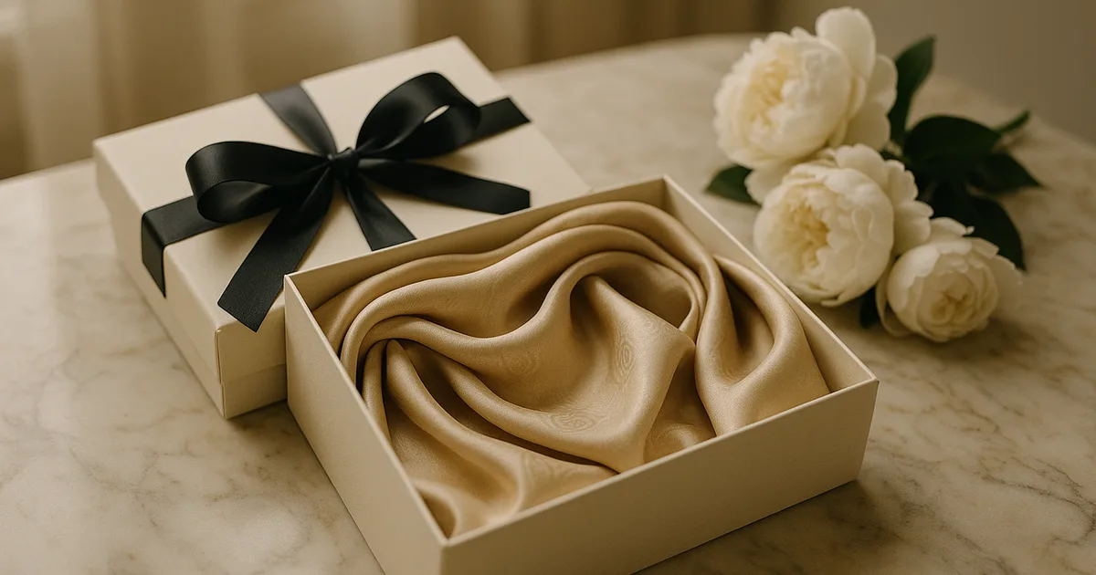 Luxury silk scarf in an elegant gift box on marble — the perfect gift for women