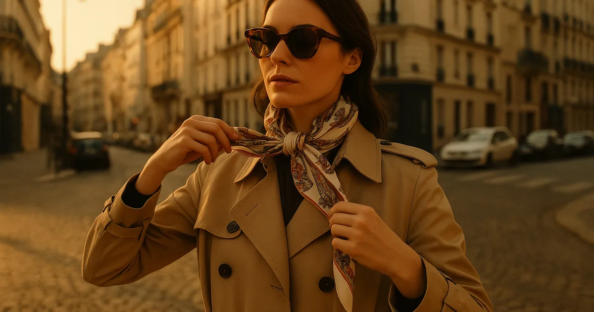 Stylish woman wearing a silk scarf on a Parisian street — timeless French elegance gift