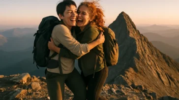 Du draugai džiūgauja pasiekę kalno viršūnę saulėtekio metu – vaizdas iliustruoja išgyvenimų dovanojimo teikiamą džiaugsmą, palyginti su materialiais daiktais