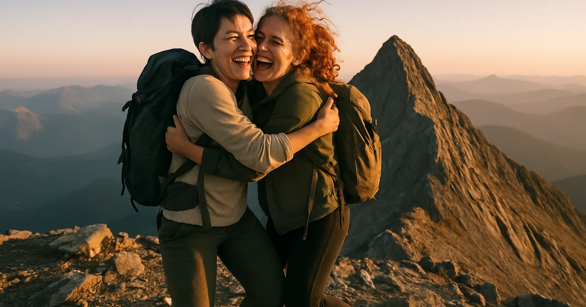 Du draugai džiūgauja pasiekę kalno viršūnę saulėtekio metu – vaizdas iliustruoja išgyvenimų dovanojimo teikiamą džiaugsmą, palyginti su materialiais daiktais