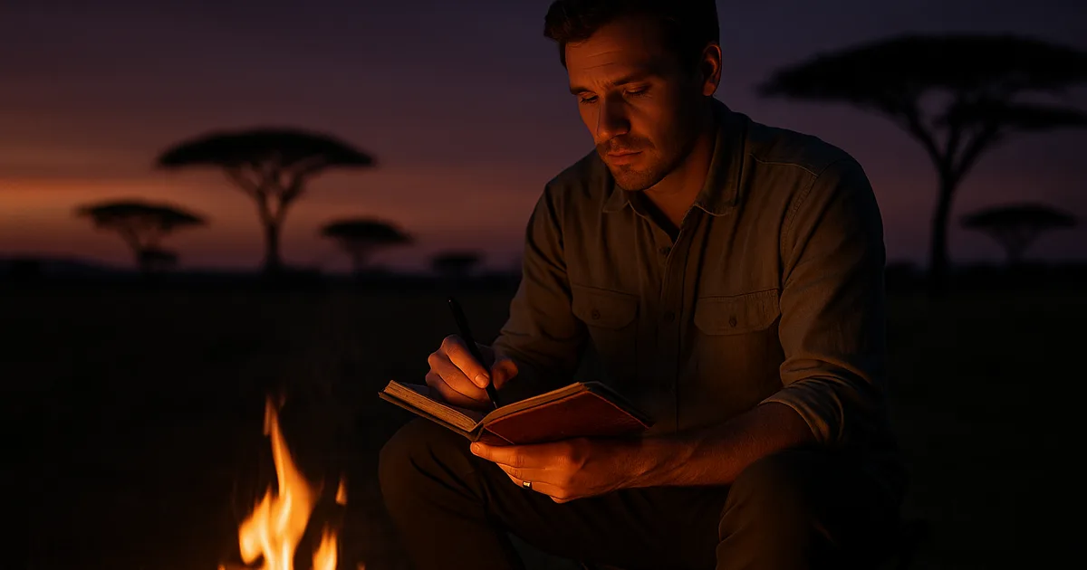 Žmogus rašo dienoraštį prie laužo Afrikos safarlyje – vaizdas perteikia ilgalaikius prisiminimus, kuriuos sukuria išgyvenimų dovanos