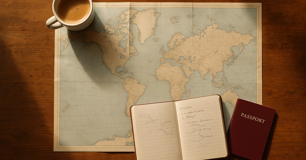 Kelionių planavimo kompozicija su pasaulio žemėlapiu ir sąsiuviniu – vaizdas perteikia laukimo džiaugsmą dovanojant nuotykių išgyvenimą