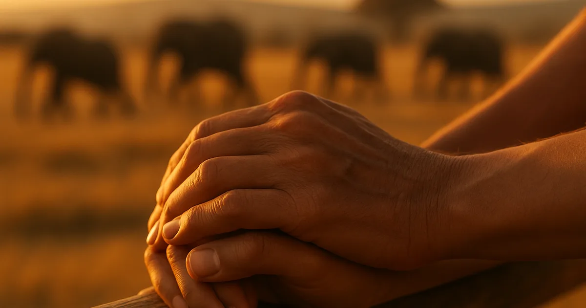 Pora stebi dramblių bandą saulėlydžio metu safaryje – vaizdas iliustruoja, kaip bendri išgyvenimai stiprina tarpusavio ryšius