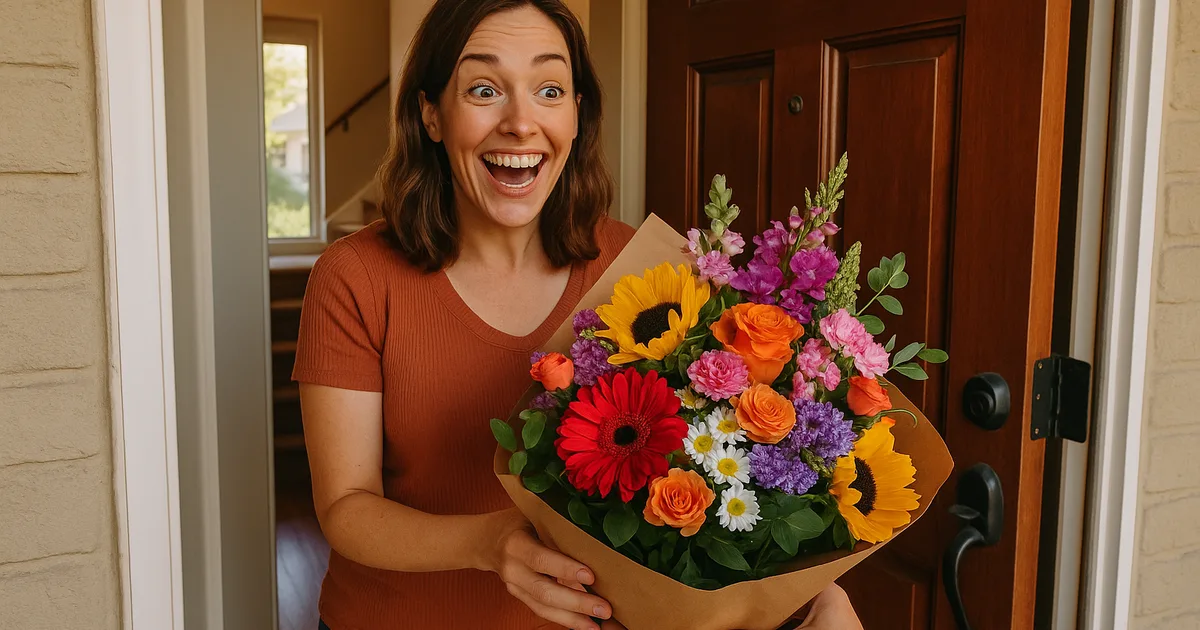 Besišypsanti moteris gauna spalvingą gėlių puokštę prie durų – iliustruojamas emocinis gėlių dovanojimo poveikis