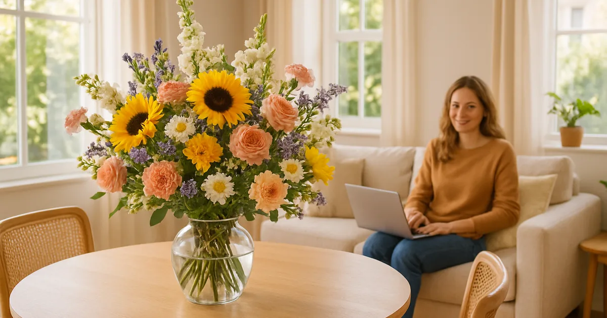 Šviežia gėlių puokštė ant namų stalo šalia ranka rašyto laiškelio – simbolizuojama ilgalaikė teigiama nuotaikos įtaka, kurią suteikia gėlės kaip dovana