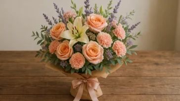 Mišrių gėlių puokštė su paslėptomis gėlių reikšmėmis, suvyniota dovanai ant medinės stalo