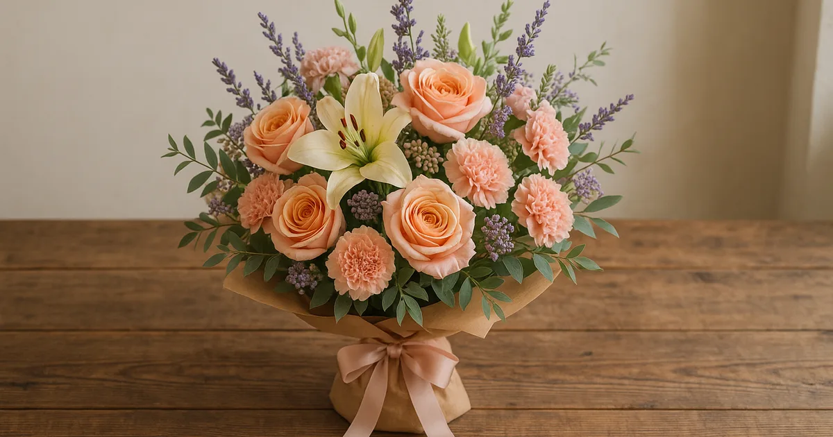 Mišrių gėlių puokštė su paslėptomis gėlių reikšmėmis, suvyniota dovanai ant medinės stalo