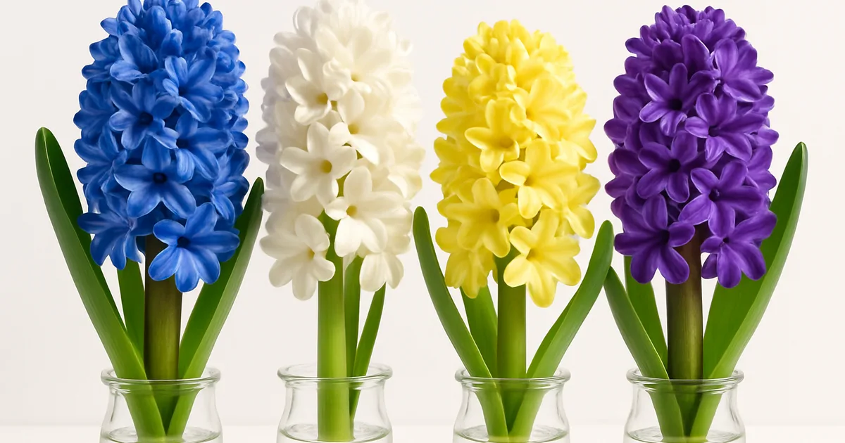Mėlyni, balti, geltoni ir violetiniai hiacintai, rodantys skirtingas gėlių reikšmes pagal spalvą