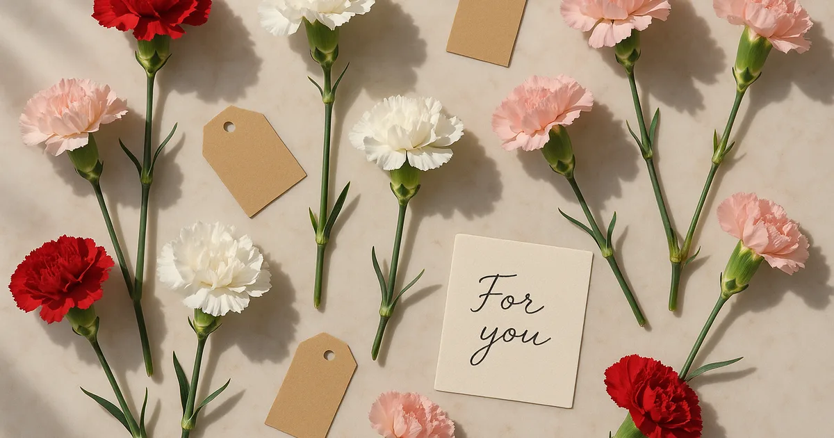 Raudoni, balti ir rožiniai gvazdikėliai dovanojimui su dovanų kortelėmis, rodančiomis teigiamas gėlių reikšmes