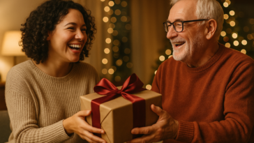 Du žmonės keičiasi įpakuota dovana, iliustruojant dovanojimo smegenų mokslą ir džiaugsmą