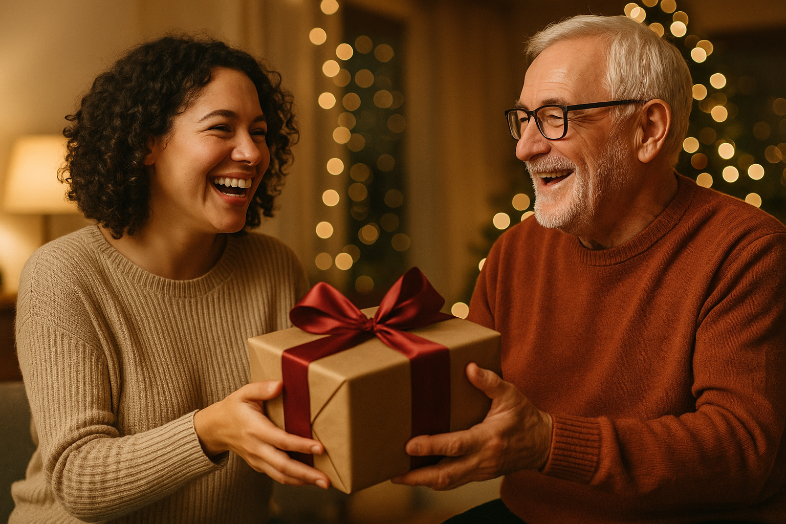 Du žmonės keičiasi įpakuota dovana, iliustruojant dovanojimo smegenų mokslą ir džiaugsmą