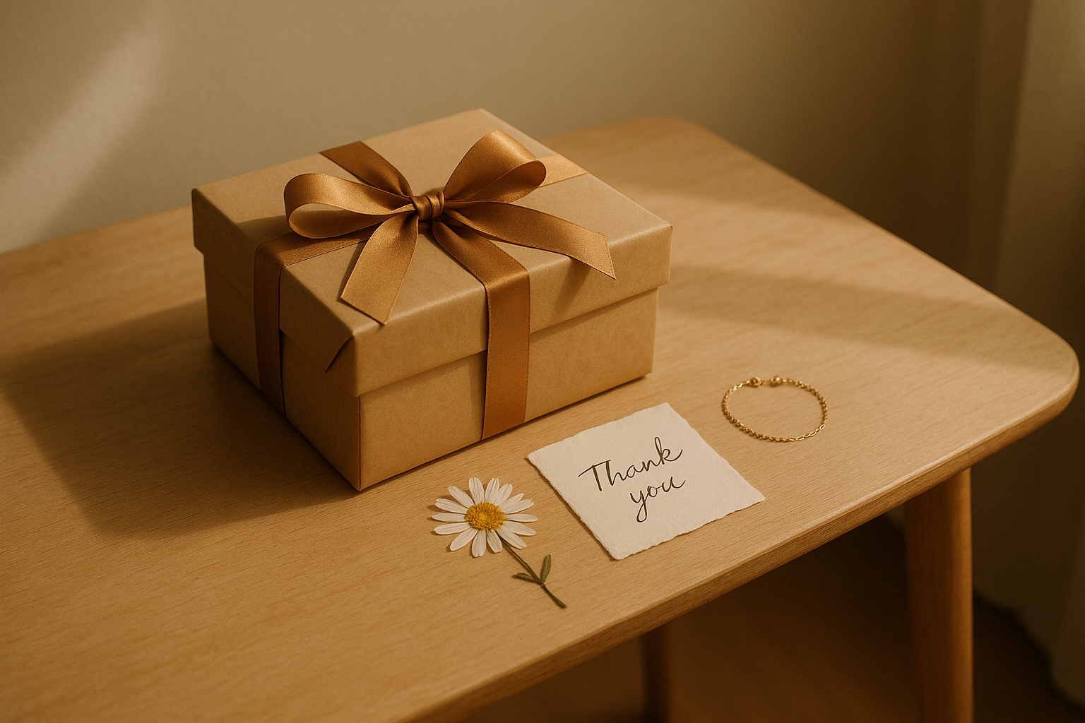 Apgalvotai supakuotos dovanos, kurias moterys vertina, išdėliotos ant medinės lentos kartu su asmeniniais prisiminimais