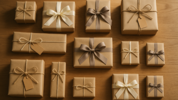 Tvarkingai supakuotos dovanos ant medinio stalo – iliustracija dažnų dovanojimo klaidų, kurių reikėtų vengti