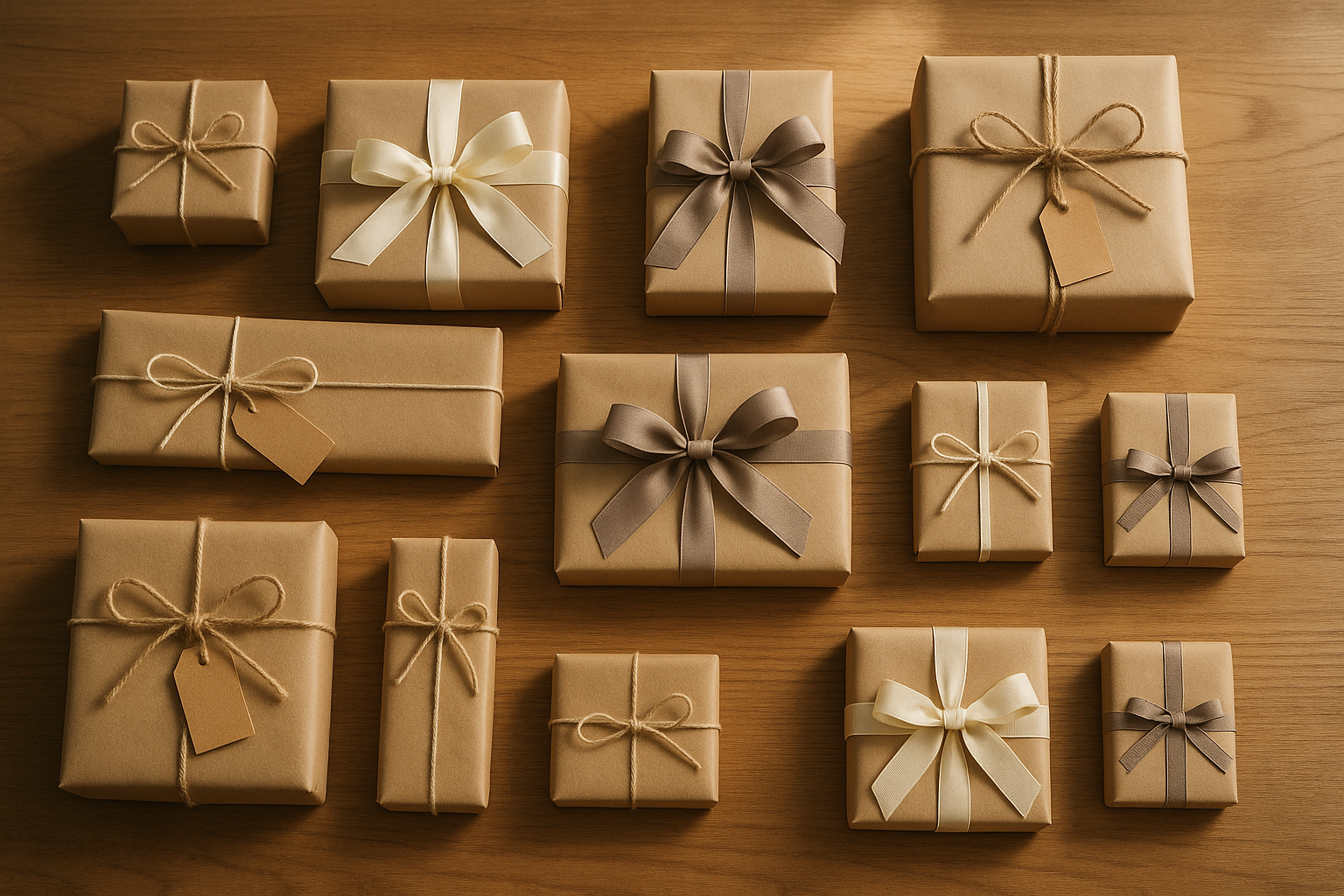 Tvarkingai supakuotos dovanos ant medinio stalo – iliustracija dažnų dovanojimo klaidų, kurių reikėtų vengti