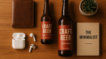 Flat lay of thoughtful gifts for men including a wallet, book, earbuds and craft beer on a wooden surface