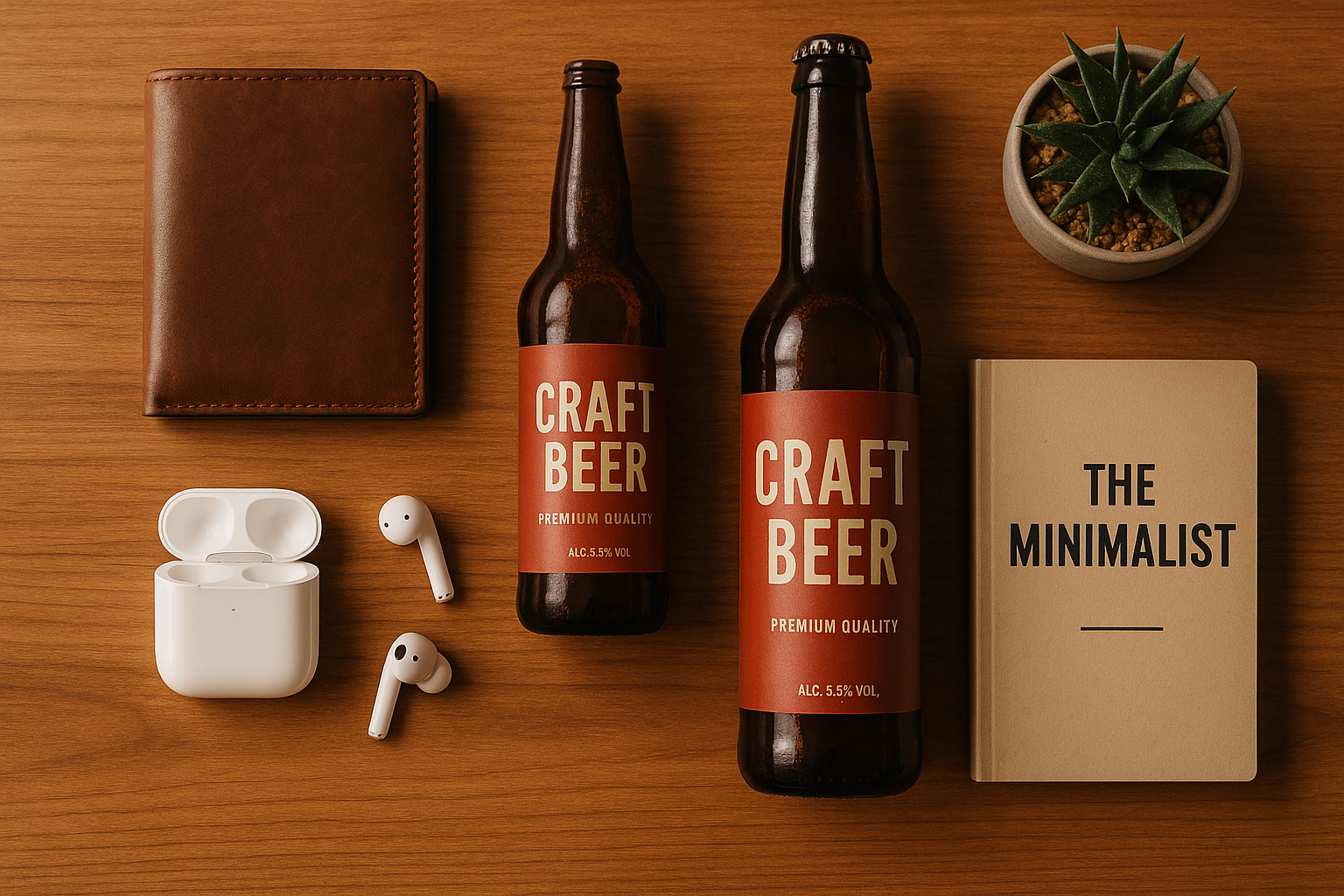 Flat lay of thoughtful gifts for men including a wallet, book, earbuds and craft beer on a wooden surface