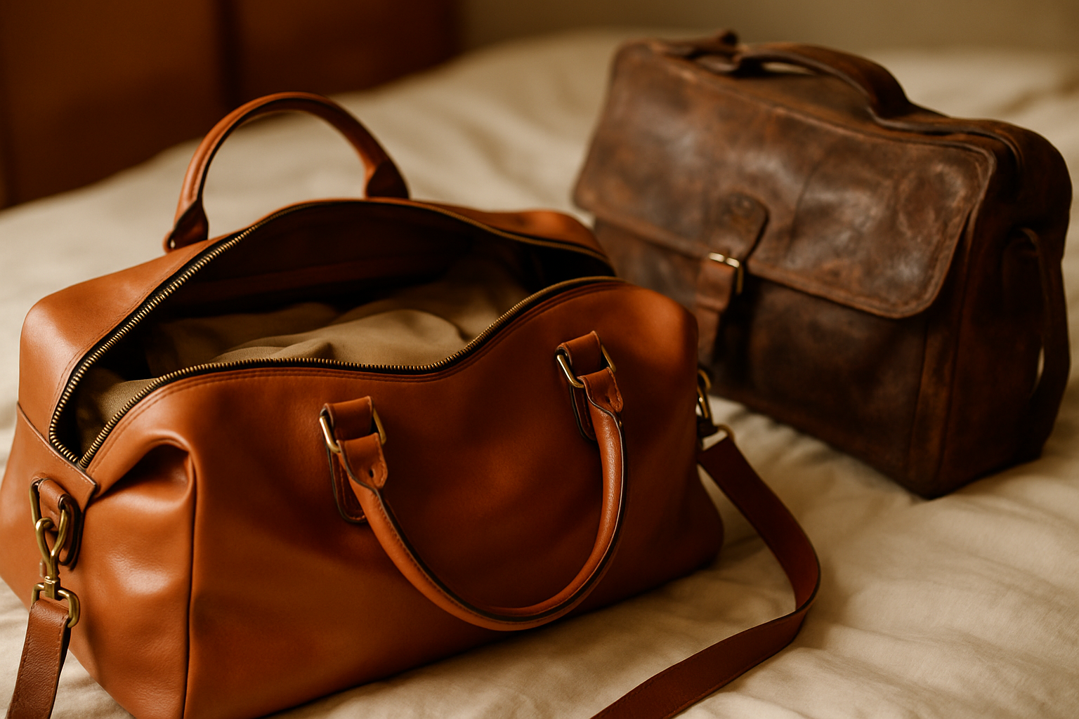 High-quality leather travel bag next to an old worn bag — the perfect upgrade gift for men