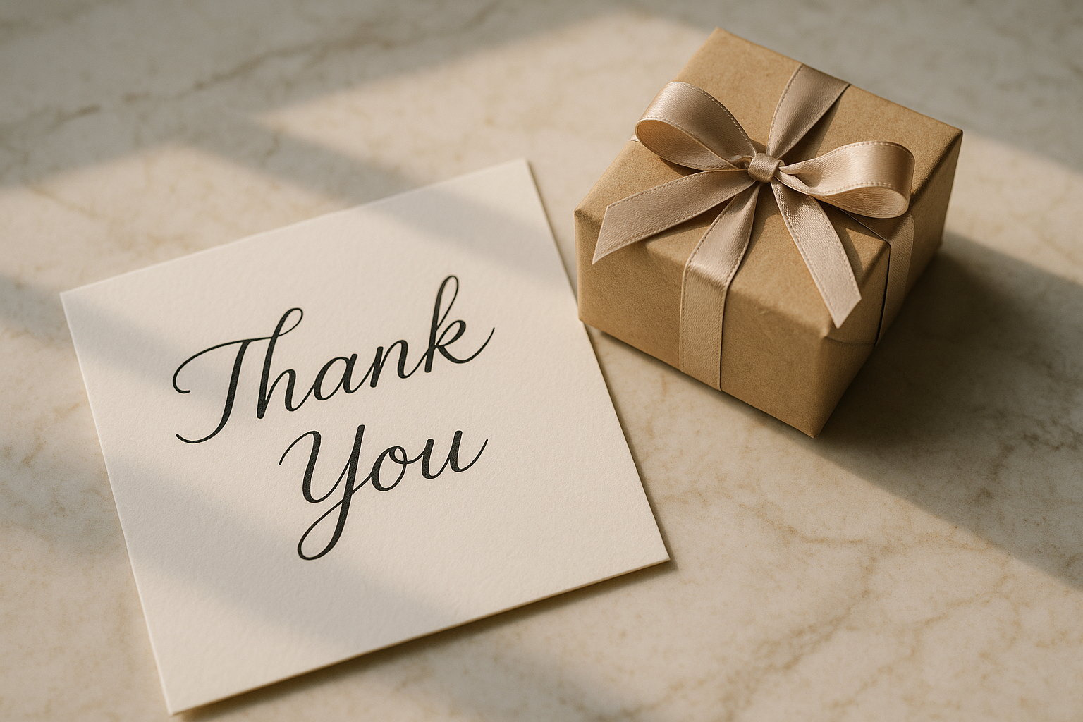 Ranka rašytas padėkos atvirukas šalia dovanų dėžutės – tinkamo dovanojimo etiketo pavyzdys