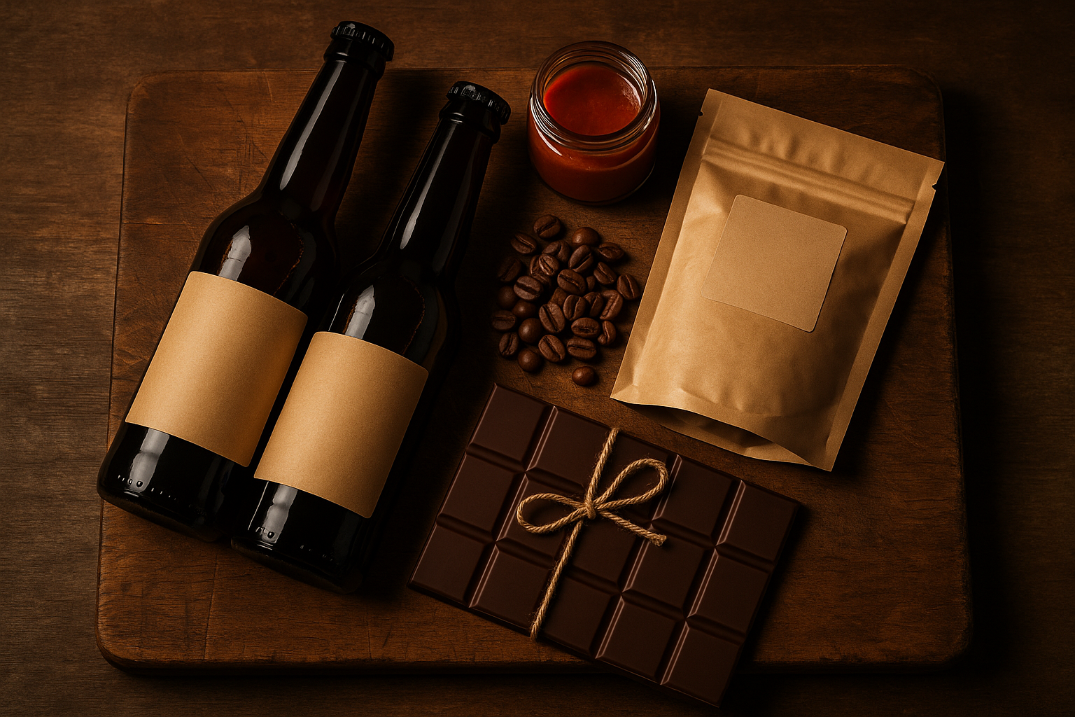 Artisan food and drink gifts for men including craft beer, hot sauce, coffee and chocolate on a wooden board