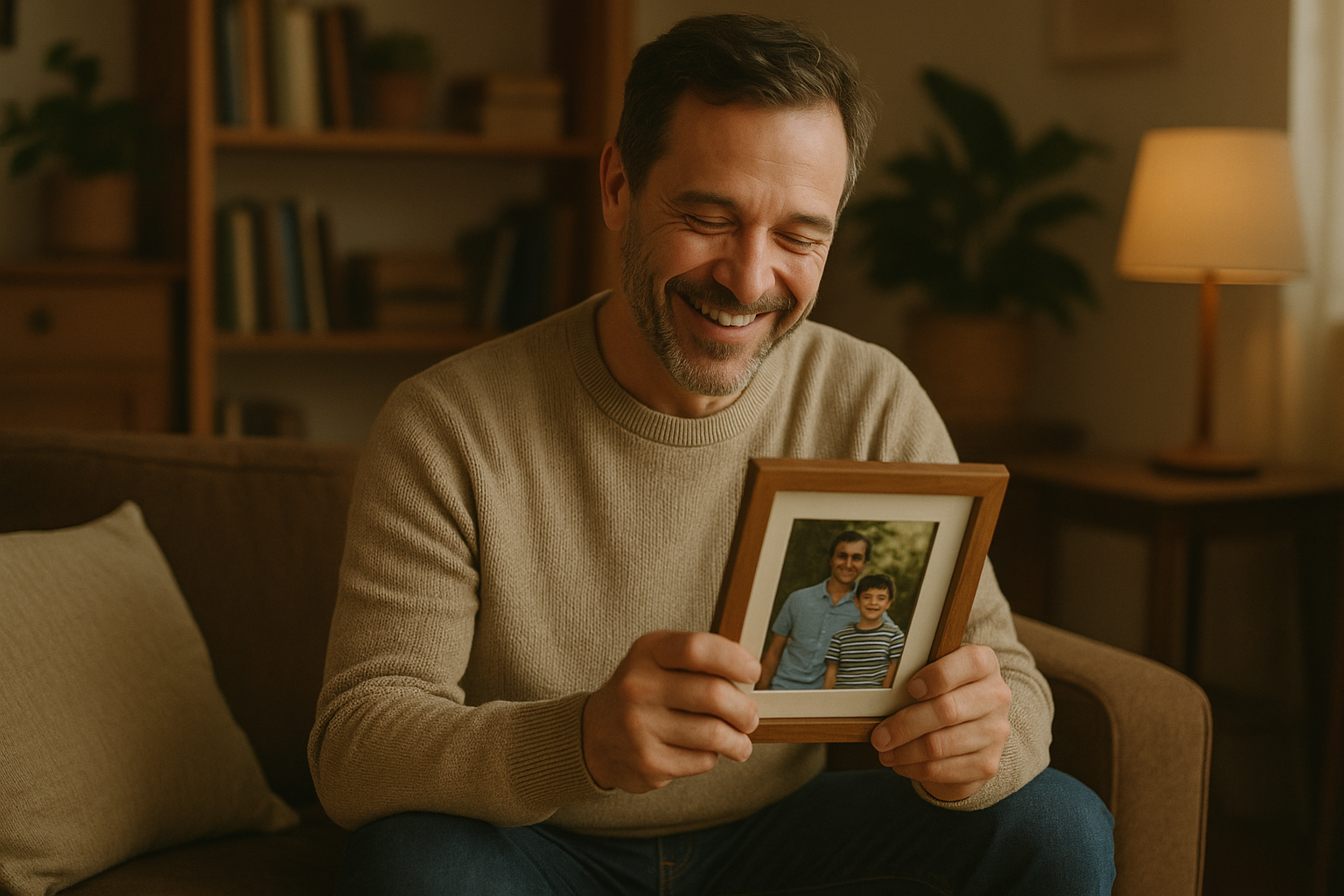 Man holding a framed personal photo gift, smiling in a cosy living room — the most memorable gifts for men are personal