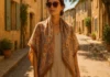 Woman wearing a printed silk scarf draped over her shoulders in a classic French style on a sunny cobblestone street