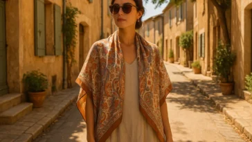 Woman wearing a printed silk scarf draped over her shoulders in a classic French style on a sunny cobblestone street