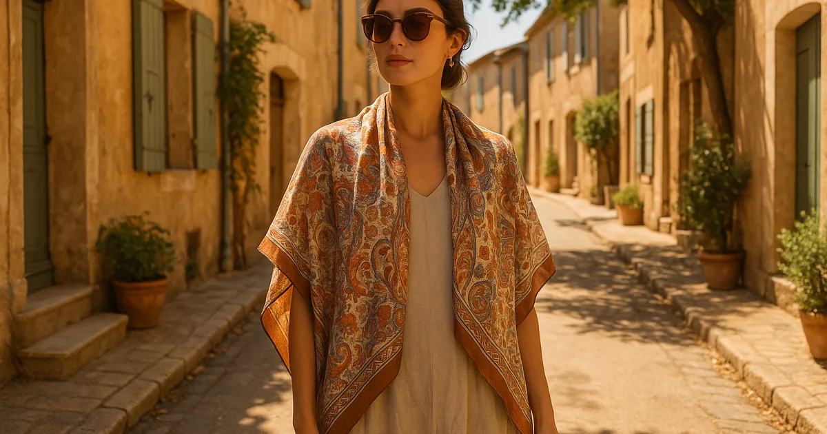 Woman wearing a printed silk scarf draped over her shoulders in a classic French style on a sunny cobblestone street