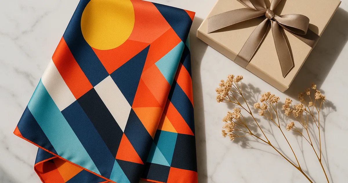 Printed silk scarf folded neatly beside a gift box — silk scarves are a timeless gifting choice
