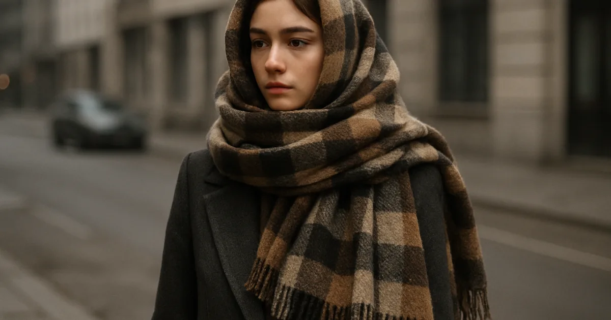 Woman wearing an oversized checked wool blanket scarf as a hood over a blazer in a winter city street