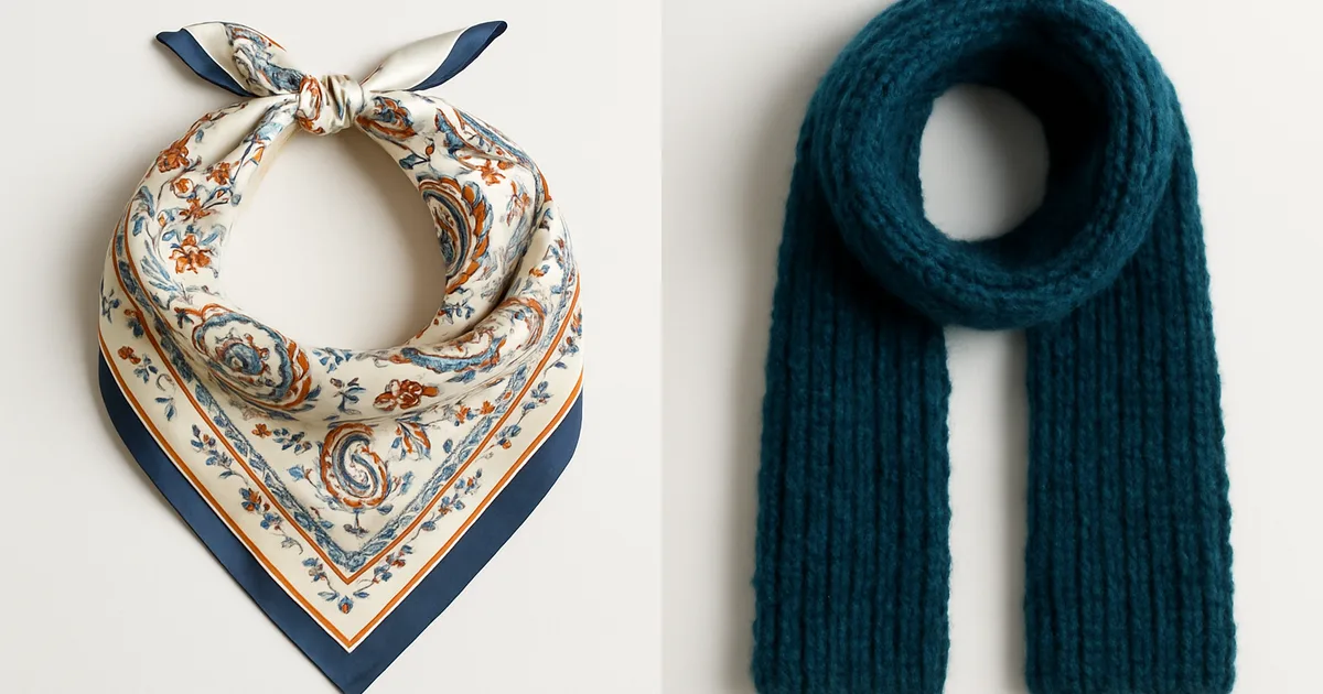Side-by-side comparison of a silk scarf and a knit wool scarf showing the differences in texture and style