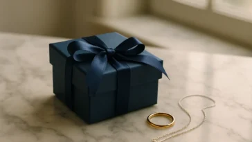 Elegantly wrapped jewellery gift box with gold ring and silver necklace on marble surface