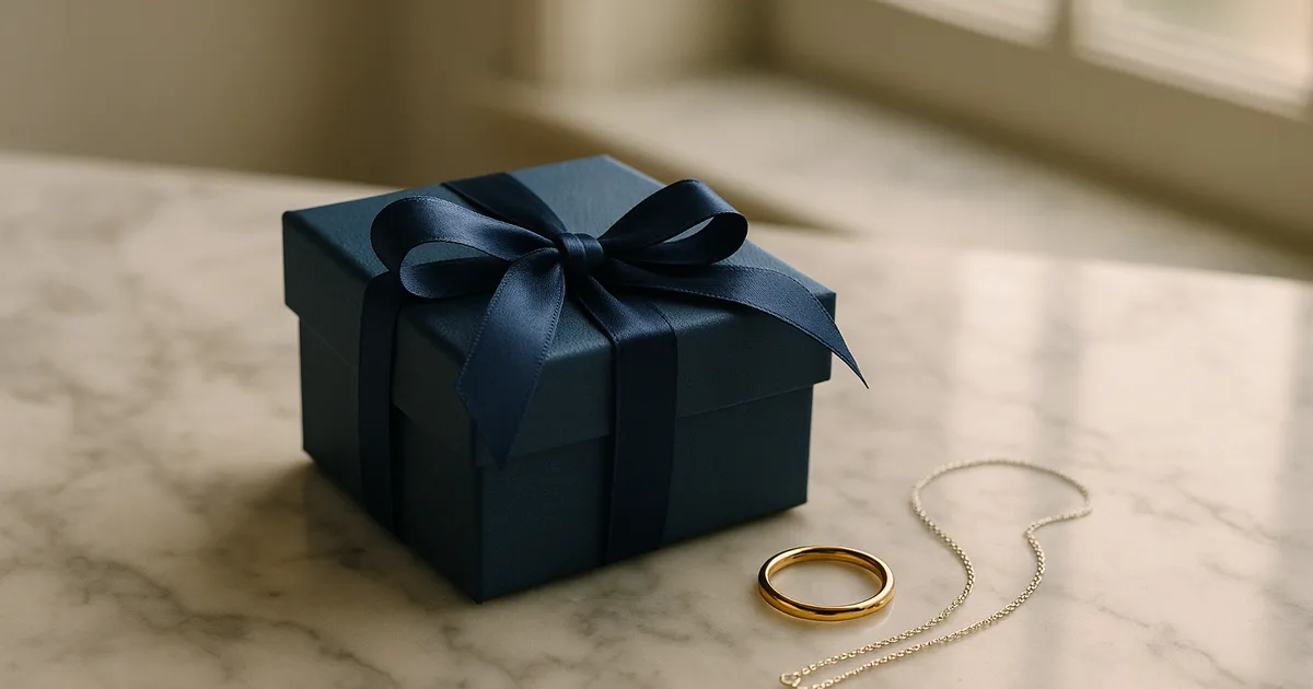 Elegantly wrapped jewellery gift box with gold ring and silver necklace on marble surface