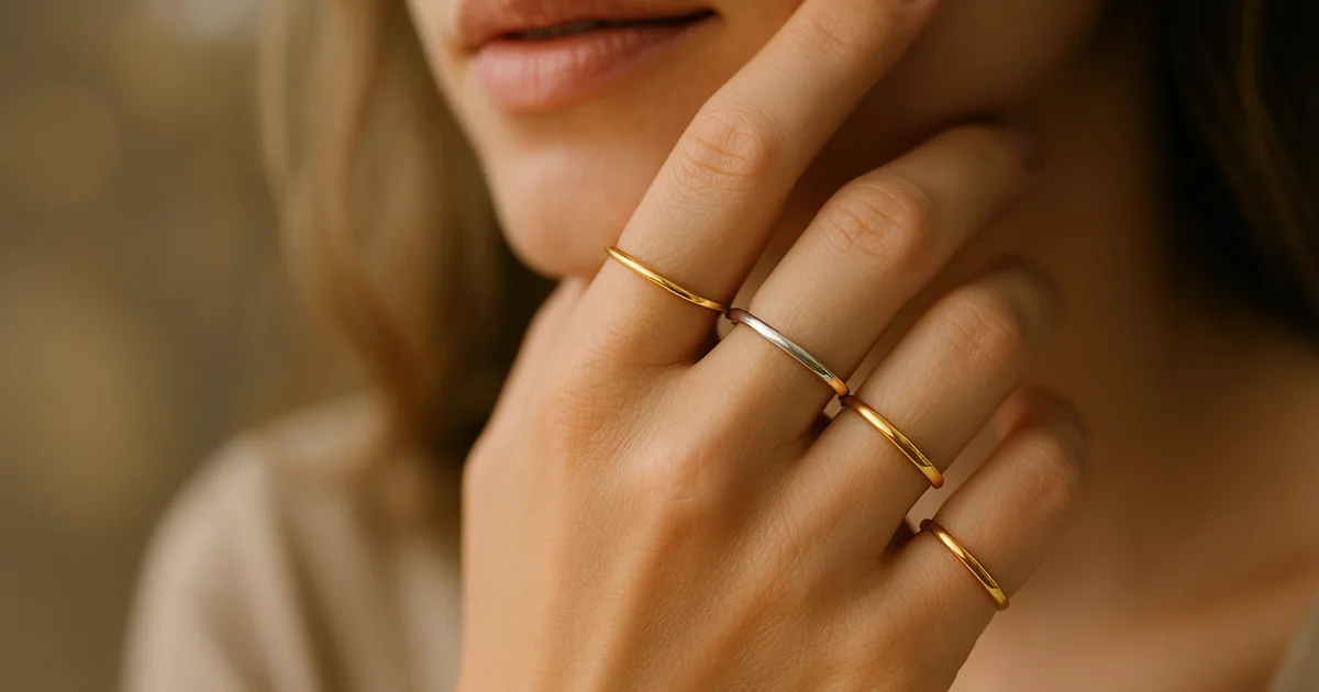 Woman's hand with stacked minimalist gold and silver rings illustrating jewellery personality for gifting
