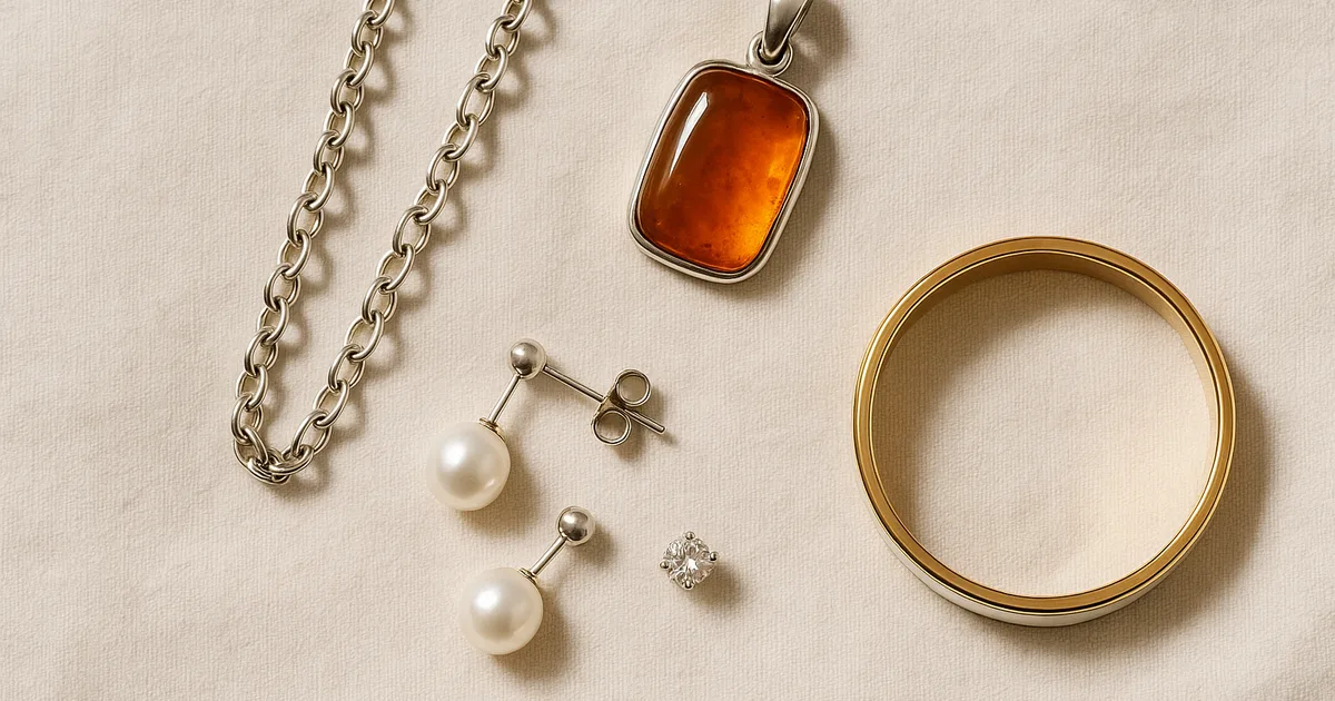 Flat-lay of diverse jewellery gift materials including silver, amber, pearl, diamond and enamel on cream linen