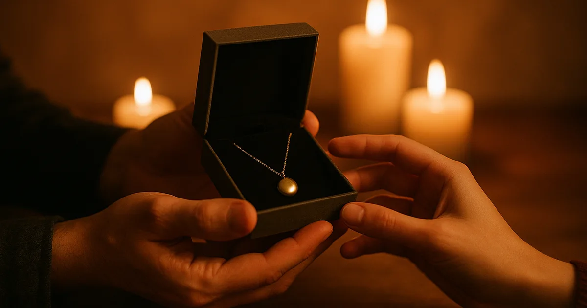Two hands exchanging an open jewellery gift box with gold pendant necklace in warm candlelight