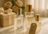 Elegant perfume gift bottles arranged on marble surface with handwritten gift tag — perfect fragrance gifting