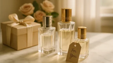 Elegant perfume gift bottles arranged on marble surface with handwritten gift tag — perfect fragrance gifting