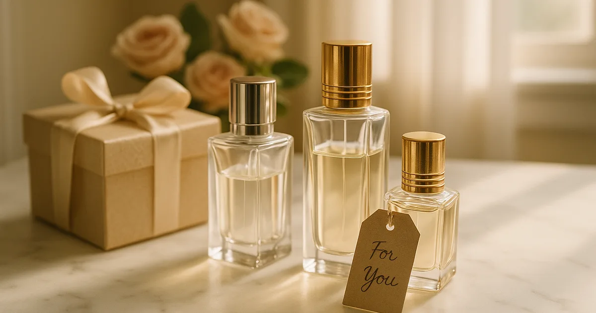 Elegant perfume gift bottles arranged on marble surface with handwritten gift tag — perfect fragrance gifting