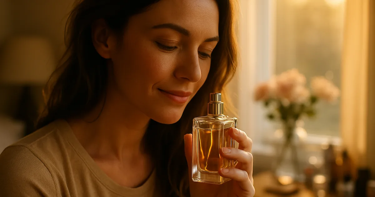 Woman holding perfume gift bottle thoughtfully near window — choosing the right fragrance gift