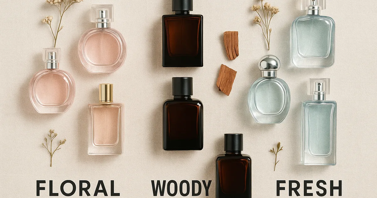 Perfume bottles organised by fragrance family — floral, woody, and aquatic — for perfume gift selection guide