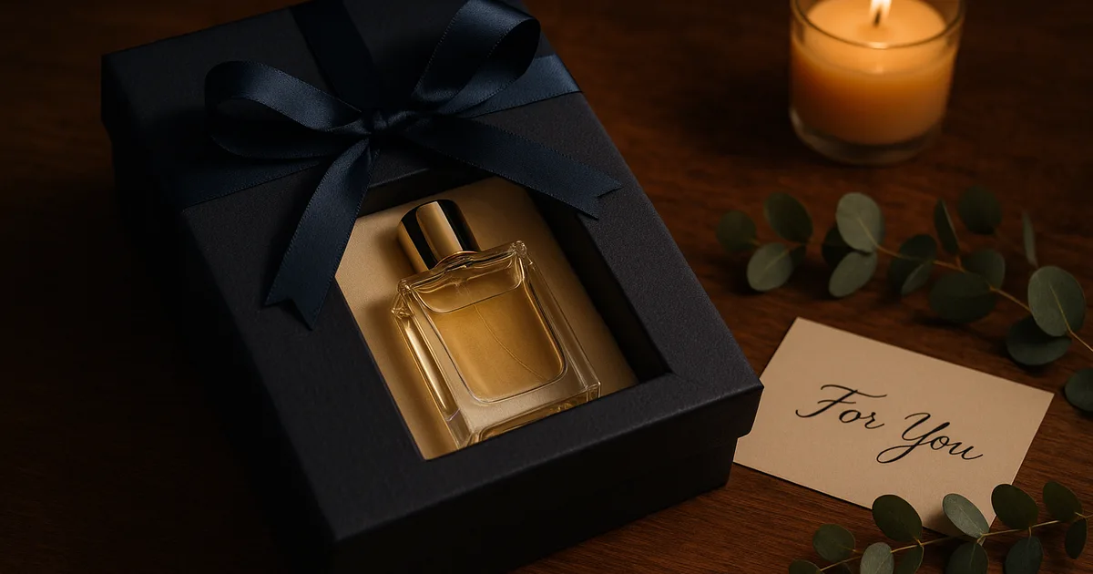 Luxury perfume gift set in navy gift box with ribbon and handwritten card — premium fragrance gifting presentation