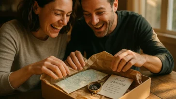 Two people opening an adventure holiday gift box with a map and compass — how to gift an adventure holiday