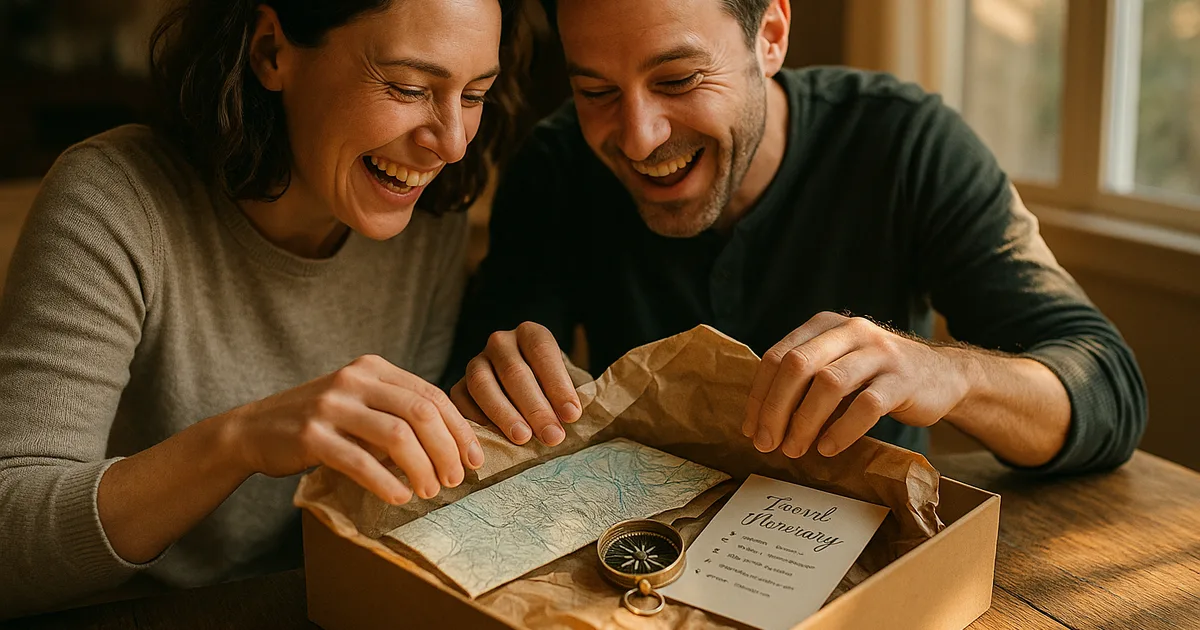 Two people opening an adventure holiday gift box with a map and compass — how to gift an adventure holiday