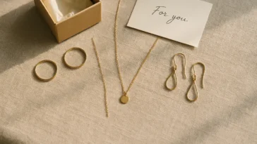 Flat-lay of meaningful jewellery gifts arranged on linen with a handwritten note and gift box