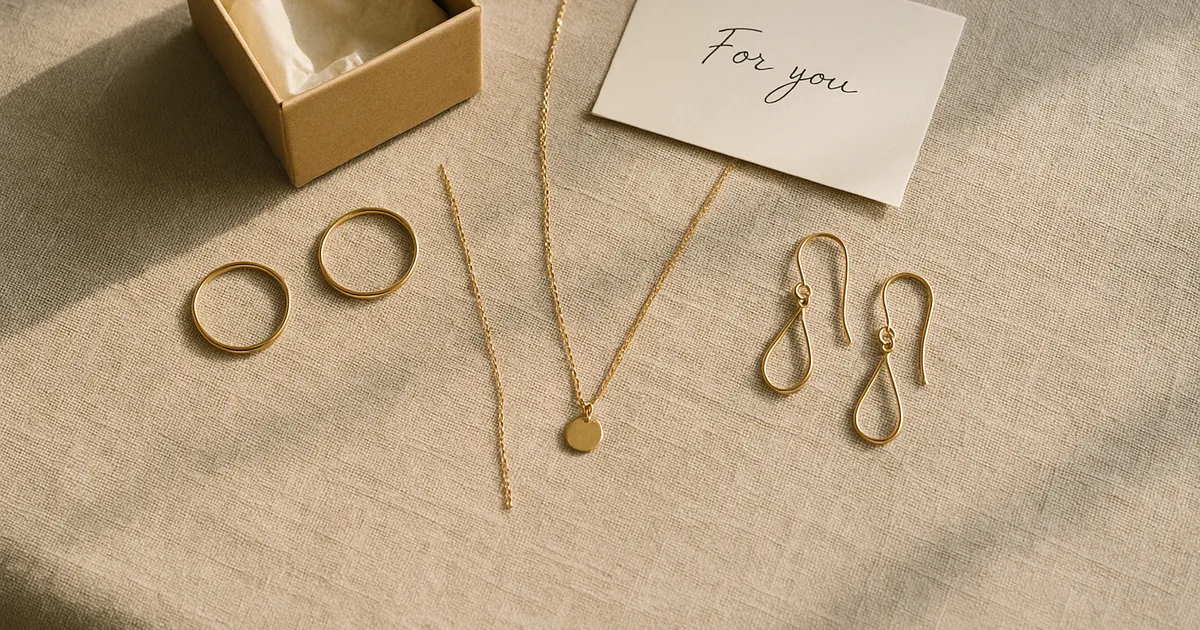 Flat-lay of meaningful jewellery gifts arranged on linen with a handwritten note and gift box
